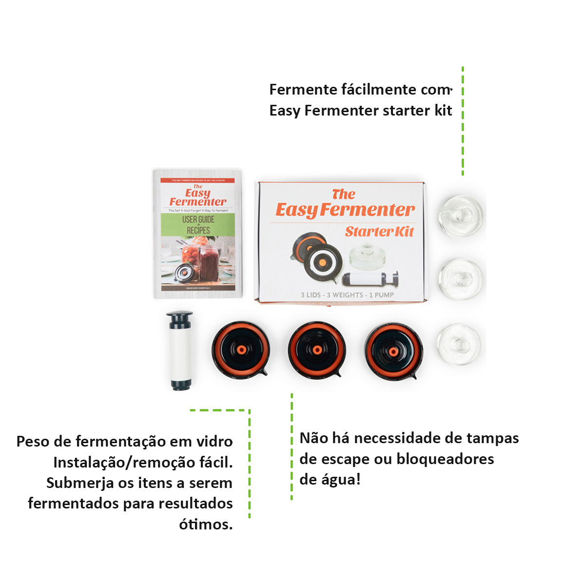 Kit de Fermentação Com Tampas Peso de Vidro e Bomba de Vácuo