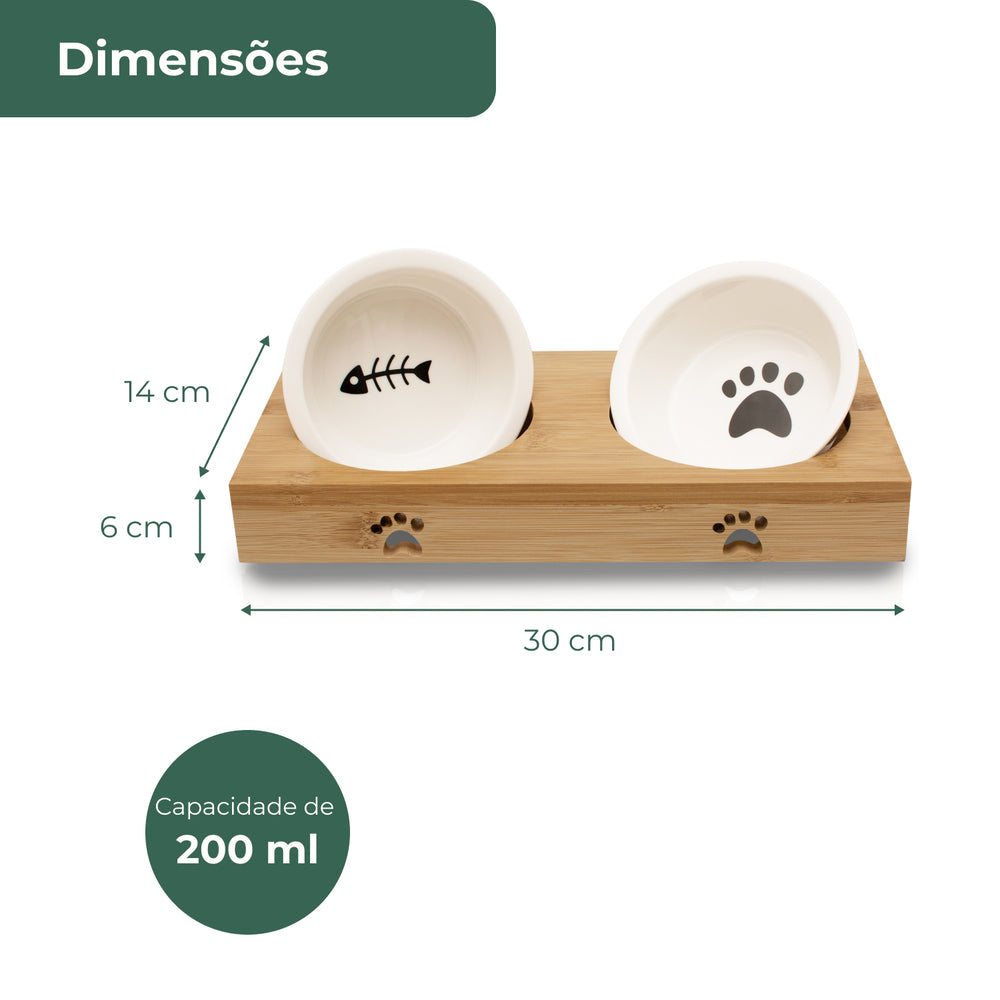 Comedor para Gatos Duplo Elevado em Cerâmica e Bambú