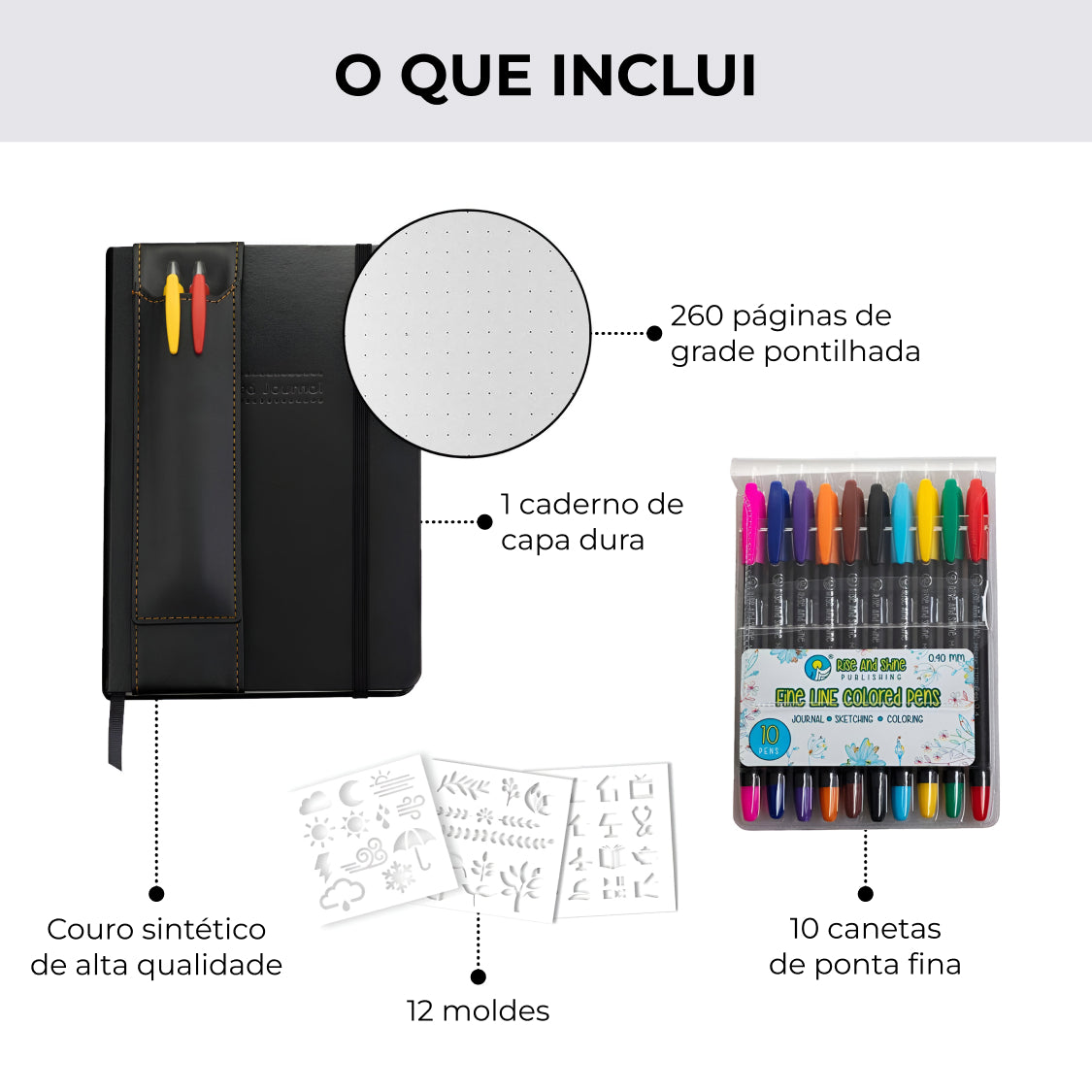Kit de Caderno Capa Dura Canetas e Réguas decorativas