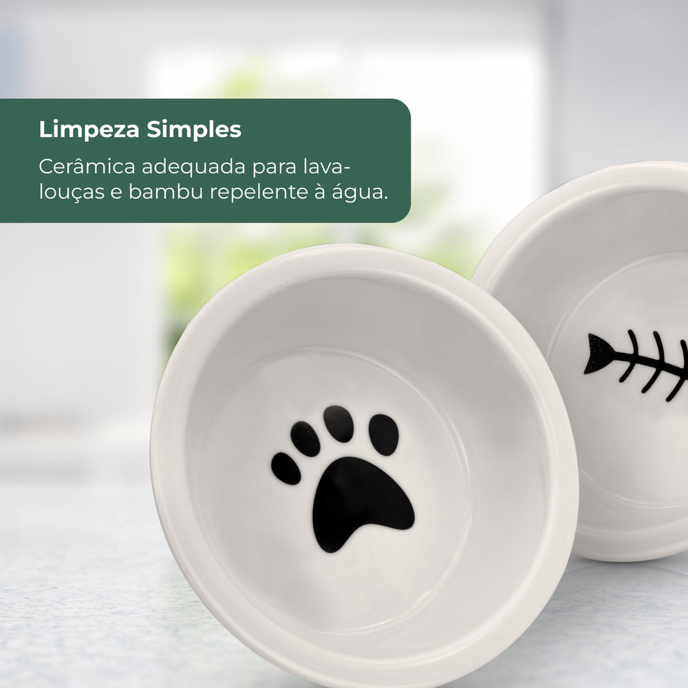 Comedor para Gatos Duplo Elevado em Cerâmica e Bambú