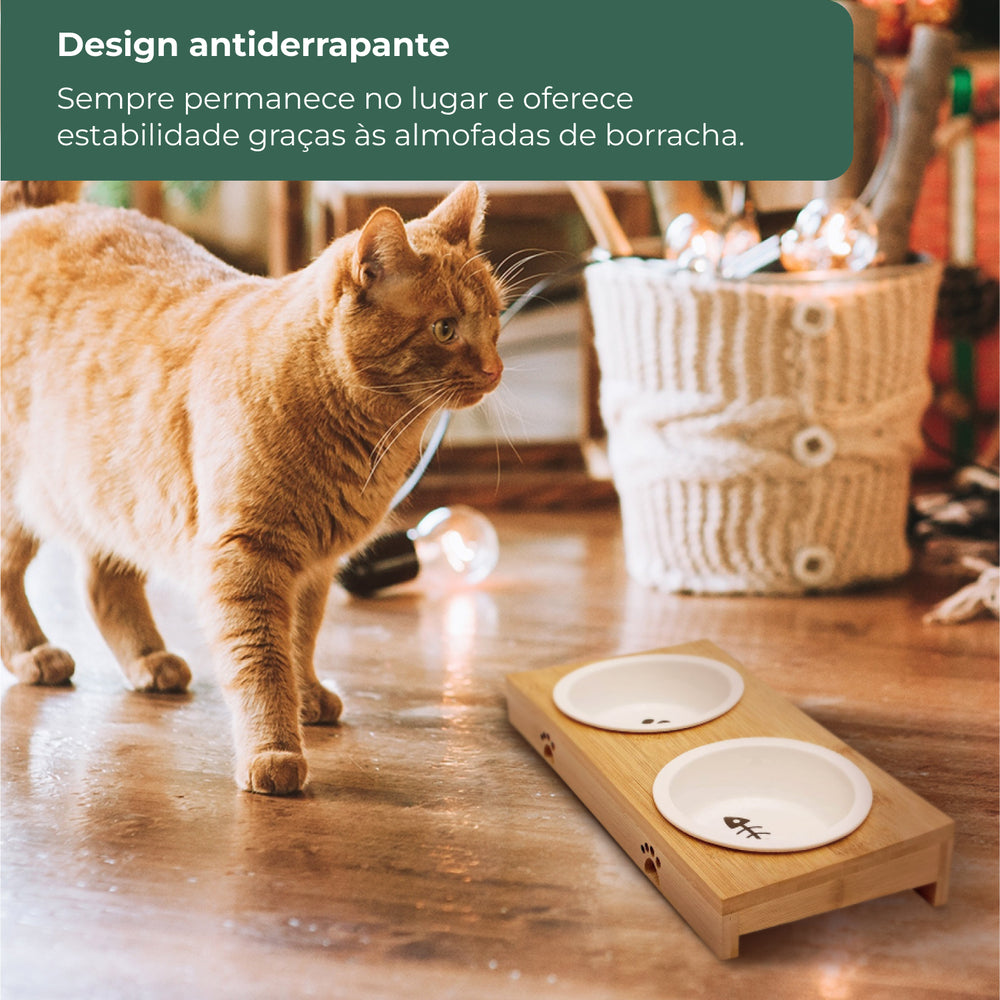 Comedor para Gatos Duplo Elevado em Cerâmica e Bambú