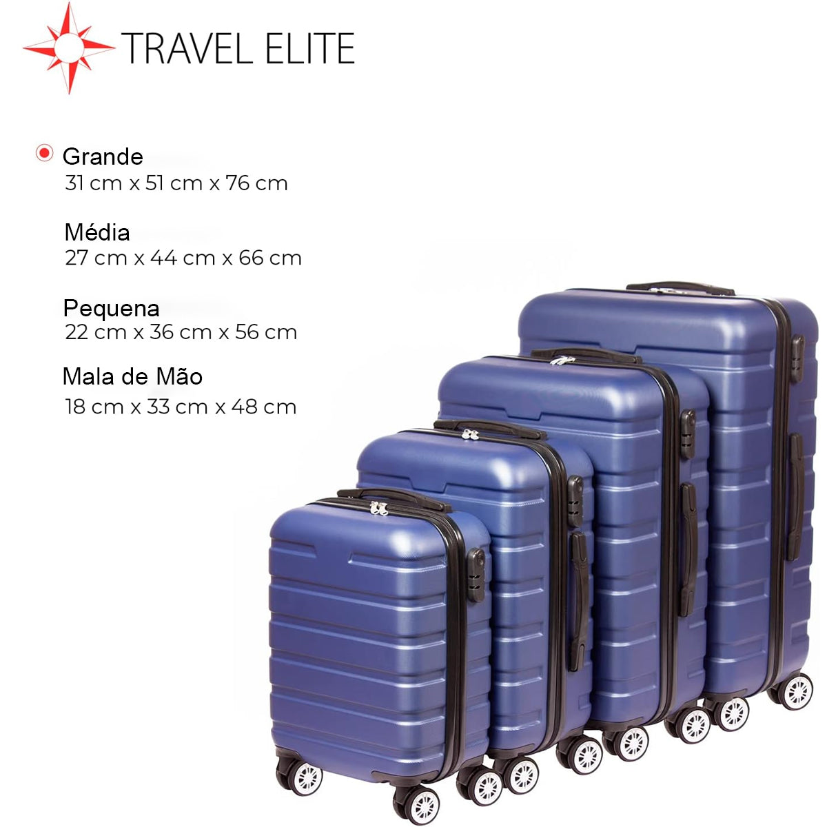 Kit 4 Malas de Viagem 8kg, 10 kg, 20 kg e 25 kg Rodas 360°