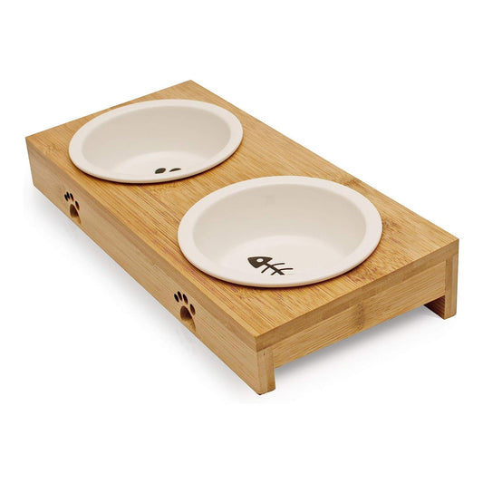 Comedor para Gatos Duplo Elevado em Cerâmica e Bambú