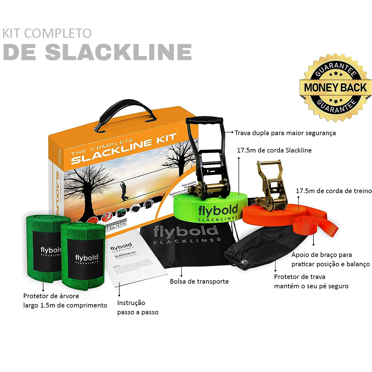 Kit Slackline Verde Corda 17mts Catraca + Alças e Proteções