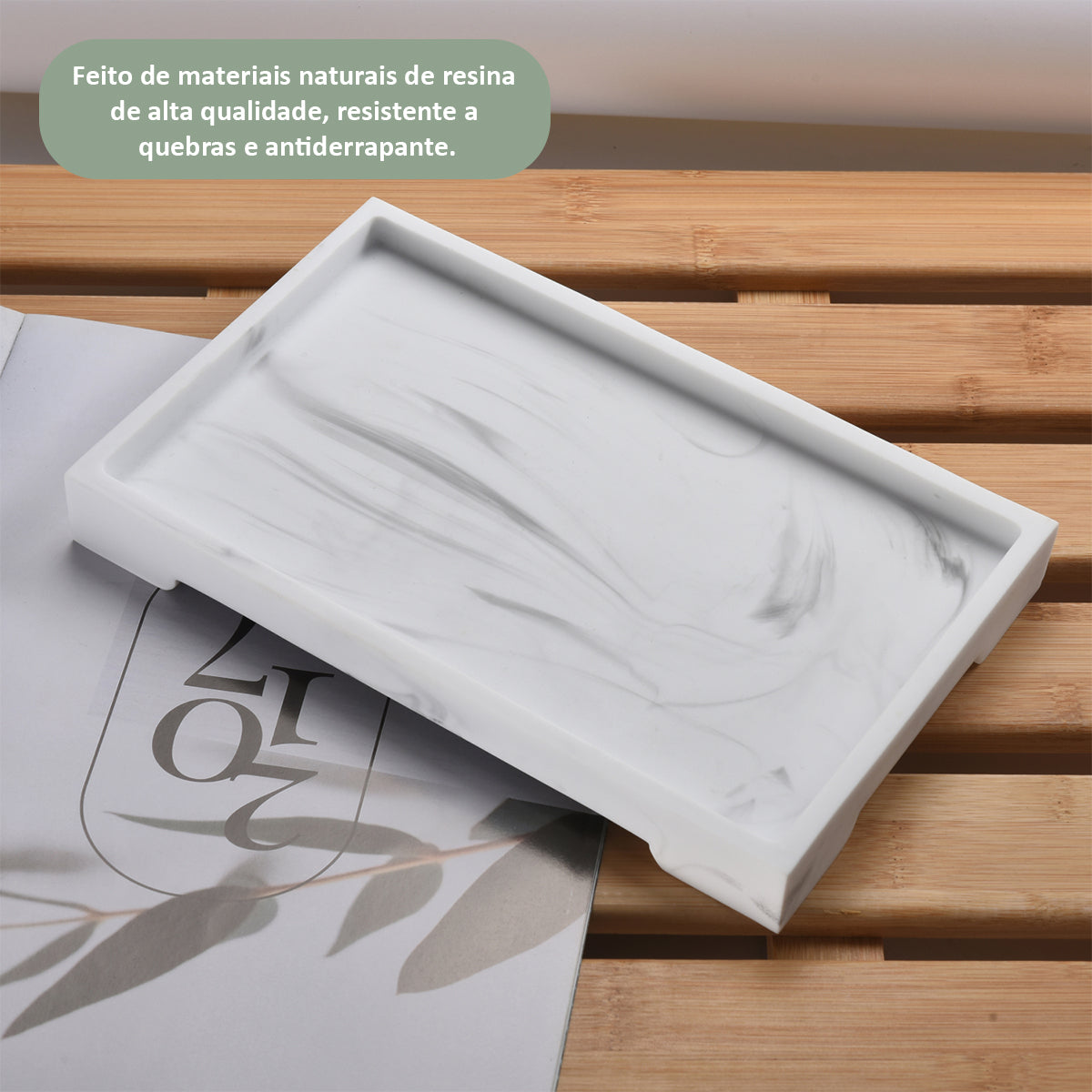 Bandeja de Banheiro Decorativa em Resina Natural Retangular